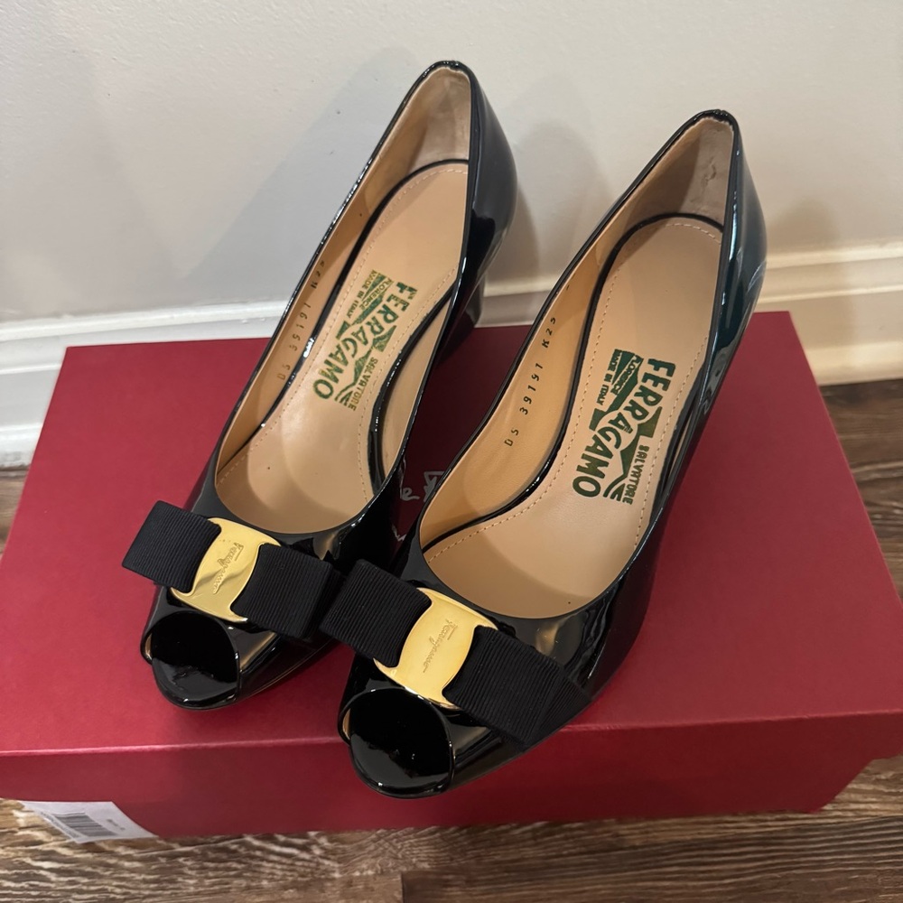 New Salvatore Ferragamo Black Patent Leather Wedge Heels